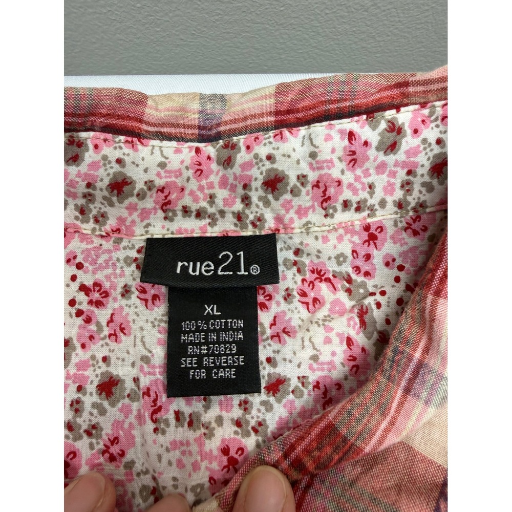 Rue21 Womens XL Red Tan Plaid Western Snap Front Frayed Hem Cotton Shirt - Picture 5 of 9